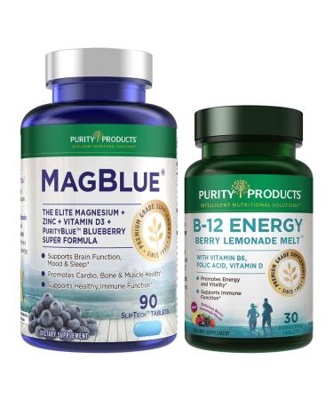 Purity Products MagBlue + B-12 Energy Melt MagBlue (Magnesium Bisglycinate Chelate Buffered + Vitamin D3 + Organic Blueberries + More) - B12 Berry Melt (Methylcobalamin B12 + B6 + D3 + More)