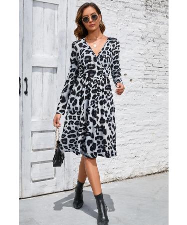 OUGES Women's Spring Casual Midi Dress with Long Sleeve V-Neck and Floral Print - S Leopard02 - Buy Online on GoSupps.com