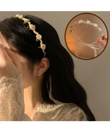 Bride Headband White Rose Pearl Hair Bands Bridal Wedding Elastic Padded Headbands with Ribbon Bridesmaid Elegant Tiara Hair Accessories for Women & Girls Thin Non-slip Hairband - Buy Online on GoSupps.com