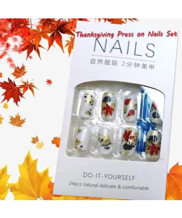 24Pcs Fall Press on Nails - Short Maple Leaf & Letter Designs | Glossy Medium Square Fake Nails for Women & Girls | Perfect for Thanksgiving Decorations - Buy Online on GoSupps.com