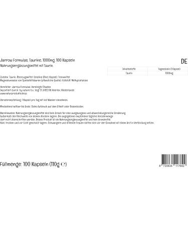 Jarrow Formulas Taurine 1000mg High Dose Capsules - Lab Tested, Gluten-Free, Non-GMO | 100 Count - Buy Online on GoSupps.com