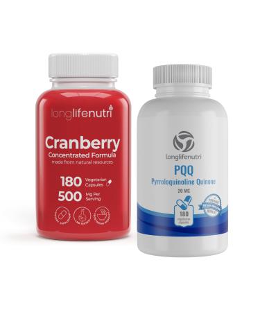 LongLifeNutri Cranberry Extract 500 mg & PQQ 20 mg Bundle 180 Veg Capsules Each 6 Month Supply Urinary Tract & Cellular Energy Support Antioxidant Formula Made in USA
