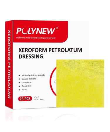 POLYNEW Xeroform Petrolatum Dressing 4x4 25 PCS Non-Adherent Gauze for Low Exudating Wounds Fine Mesh Gauze Pads for Burns Abrasions Lacerations Skin Grafts and Surgical Incisions 4 x 4 (Pack of 25)