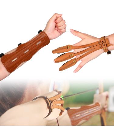 3 Straps Arm Guard with 3 Finger Glove Set Adjustable Archery Arm Guards Archery Glove Non Slip Protective Archery Accessories for Adult Unisex Recurve Compound Long Bow Hunting Target Shooting, Brown