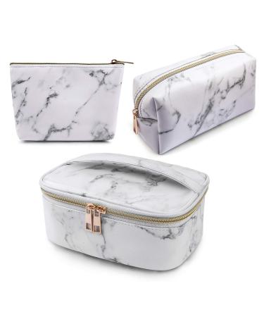 MAGEFY 3Pcs Makeup Bags Portable Travel Cosmetic Bag Waterproof Organizer Multifunction Case with Gold Zipper Marble Toiletry Bags for Women White Marble