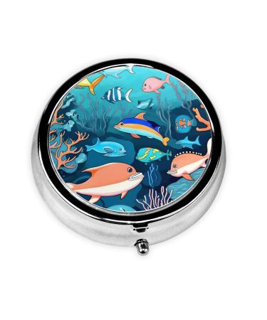 Submarine Dolphinsround Pill Box 3 Compartments Round Pill Box Organizer for Purse Or Pocket Portable Travel Pill Box