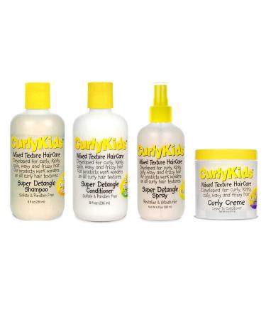 CurlyKids Mixed Hair HairCare Set Super Detangling Shampoo/Conditioner 8.0 Ounce Spray 6.0 Ounce Curly Cr me Conditioner 6.0 Ounce - 4-Pack