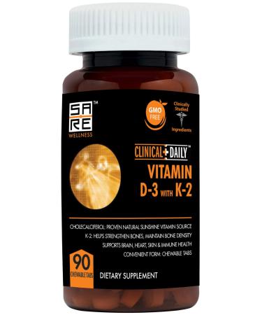 Clinical Daily Chewable Vitamin D3 K2. Vegan Vitamin D Immune Support Supplement for Women Men and Kids. Vitamin K Supplements for Bone & Joint Support. 90 Vegetable Chewable Pills - 3 Month Supply