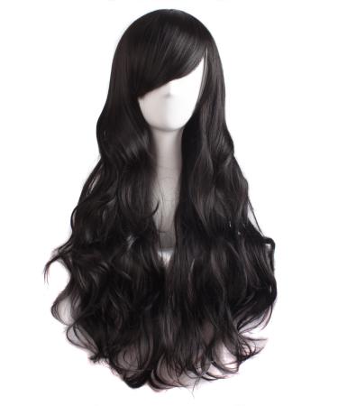 MapofBeauty Side Parting Bangs Charming Women Long Curly Full Hair Wavy Wig (Black) - Buy Online on GoSupps.com