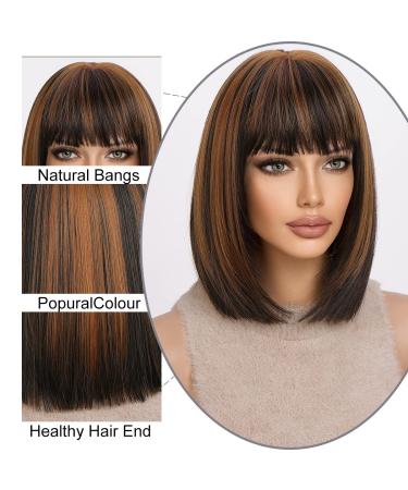 KOME Short Bob Wig for Women - Brown Blonde Highlight Shoulder Length Synthetic Wig with Bangs for Daily Use - 12IN - Buy Online on GoSupps.com