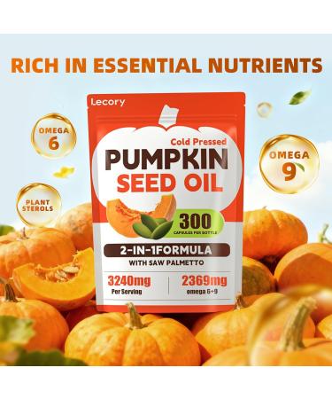 Lecory Pumpkin Seed Oil Capsules with Saw Palmetto - 3240mg - 300 Softgels Cold Pressed Essential Fatty Acids & Phytosterols Natural Supplement for Hair Growth Urinary - Non-GMO - Buy Online on GoSupps.com