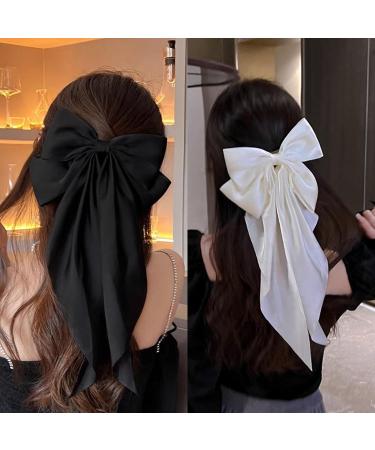 Hair Clips with Long Satin Soft Satin Hair Clip French Butterfly Bow Clip Big Bow Hairpin Silky Hair Bows for Women Black/Beige - Buy Online on GoSupps.com