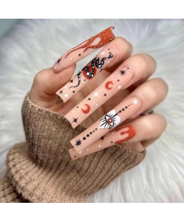 JUSTOTRY 24 pcs Flame Fake Nails Long with Stars and Moon Orenge French Press on Nails Patterns Ballerina Medium Stick on Nails for Women Acrylic Coffin False Nails with Glue for Nail Art orange& stars1