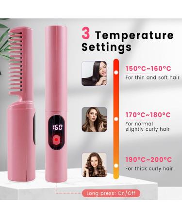 Hair Straightener Comb - Portable 4000mAh Electric Straightening Brush with Display 3 Temperature Settings Anti-Scald - Pink Color - Buy Online on GoSupps.com