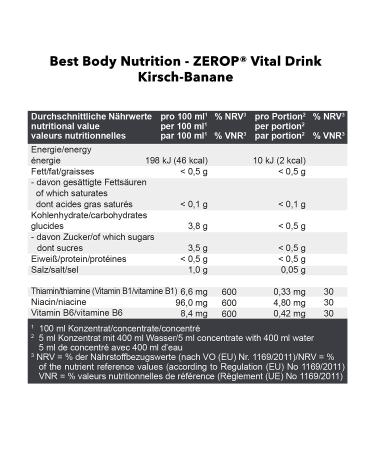 Best Body Nutrition Vital Drink Zerop - Sugar-Free Cherry Banana Beverage Concentrate - 80L Results - 1000ml Sirup (1 Pack) - International Shipping - Buy Online on GoSupps.com