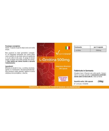 L-Ornithine 500mg - 240 Vegan Capsules | High Dose Supplement | Vitamintrend - Shop Internationally - Buy Online on GoSupps.com