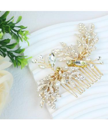 PTORIZNY Wedding Rhinestone Hair Comb Crystal Pearl Bride Hair Combs Gold Side Hair Combs Leaf Headpiece Bridal Hair Accessories for Women and Girls - Buy Online on GoSupps.com