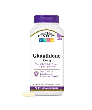 21st Century Glutathione 500 mg Plus Milk Thistle Extract & Alpha Lipoic Acid Capsules (120 Count), Reduced Form, Combats Harmful Radicals, Supports Cellular & Immune Health, Non-GMO, Gluten-Free