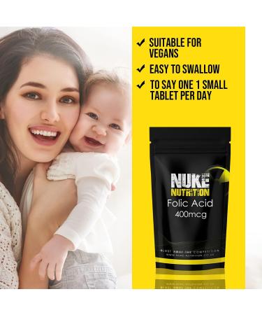 Nuke Nutrition Folic Acid 400mcg Tablets - 365 Count - Pre-Pregnancy Vitamins - Reduce Tiredness - Folate Supplement for Men & Women - Buy Online on GoSupps.com