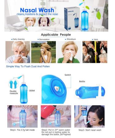 Nasal Rinse & Shower Bottle 300ml - Neti Pot Sinus Kit for Adults & Children | Blue | Fast International Shipping - Buy Online on GoSupps.com