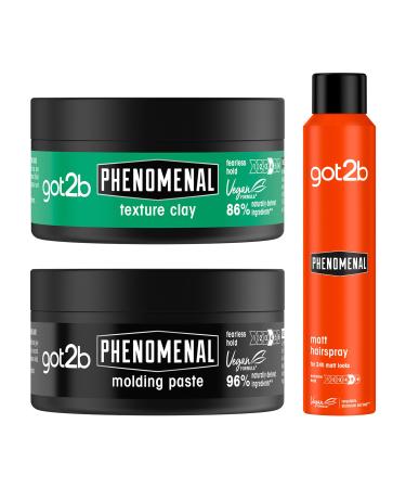 got2b PhenoMENal Natural Finish Strong Hold Hair Styling Bundle. Includes: Finishing Hairspray 200 ml + Texture Hair Styling Clay 100ml + Moulding Hair Paste 100ml Hairspray + Clay + Paste
