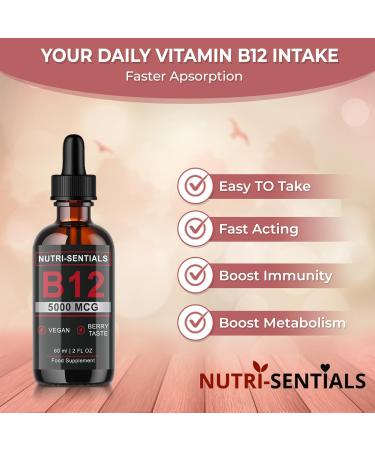 Vitamin B-12 Liquid Drops - 5000mcg Methylcobalamin Supplement for Energy, Metabolism & Immunity - Vegan Berries Flavour - 60ml - Buy Online on GoSupps.com
