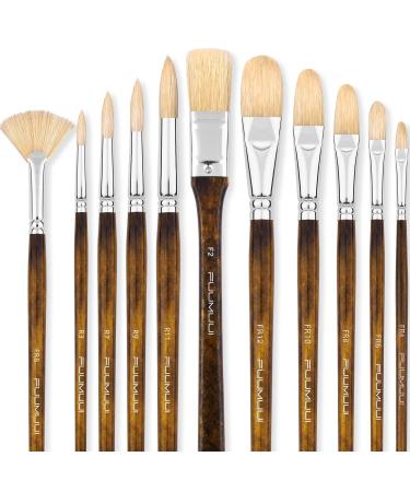 Professional Oil Paint Brush Set, Fuumuui 11pcs Superior Hog Bristle Paint Brushes Perfect for Oil Acrylic Gouache Painting Brown