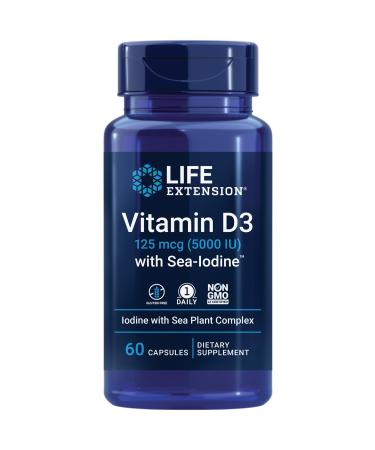 Life Extension Vitamin D3 125 mcg (5000 IU) with Sea-Iodine - For Bone Immune Support & Inflammation Management - Thyroid & Adrenal Supplement  Gluten-Free Non-GMO  60 Capsules
