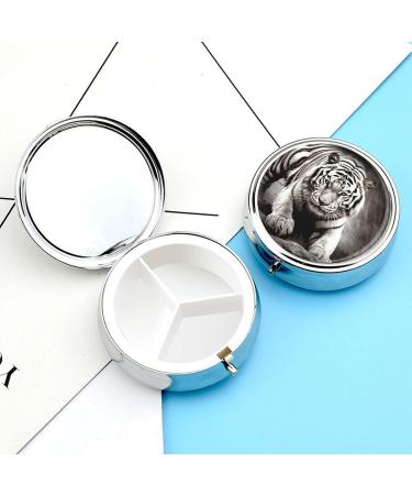 Round Black and White Tiger Print Pill Box - 3 Compartment Portable Organizer | Decorative Metal Pocket Pill Case - Buy Online on GoSupps.com
