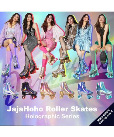 JajaHoho Women's Black Holographic High Top Roller Skates | Double-Row Quad Skates for Girls and Women, US 8 | Indoor Outdoor PU Leather Rollerskates - Buy Online on GoSupps.com