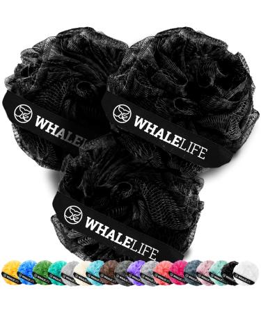 WhaleLife Bath Loofah Sponge Shower Pouf Puff for Men Women 3 Pack (Black) Pure black