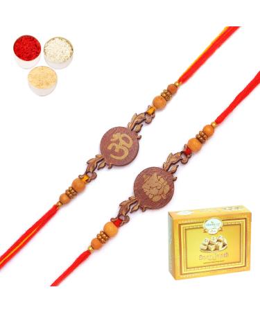 Ghasitaram Gifts Rakhi for Brother Rakhis Online - Set of 2 BW-5410 and BW-5414 Om Ganesh Divine Rakhis with 200 GMS of Soan Papdi