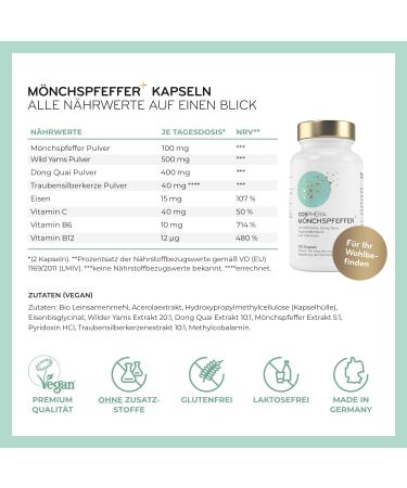 High Dose M nchspfeffer Capsules - 120 Vegan Capsules with Wild Yams Dong Quai Vitamins & Iron | Original Vitex Agnus Castus - Buy Online on GoSupps.com