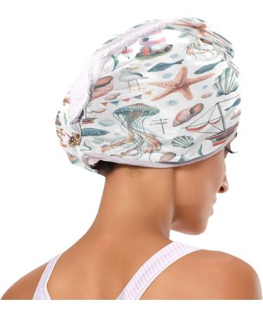 Marine Pattern Dry Hair Cap Set | 2-Piece Quick Drying Towel & Button Headband | Super Absorbent & Soft Comfort - Buy Online on GoSupps.com