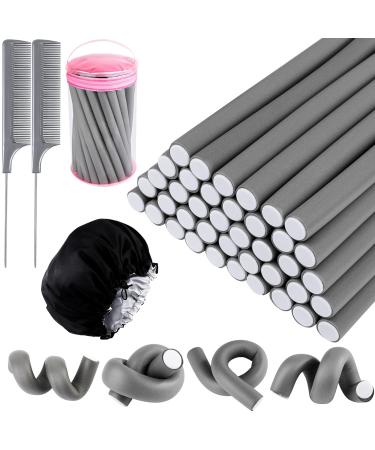 Elcoho 40 Pieces 9.45 x 0.71 Inch Flexible Curling Rods No Heat Hair Rollers Hair Curlers Set , 2 Comb, 1 Satin Bonnet, 1 Cosmetic Bag for Short Medium and Long Hair 9.45 x 0.71 Inch Gray