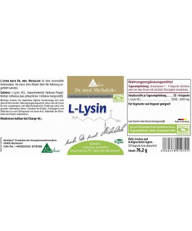 Buy L-Lysine 500 mg - 120 Capsules - Essential Amino Acid - No Additives - Dr. med. Michalzik - Biotikon  - Buy Online on GoSupps.com