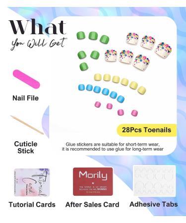 Morily Fake Toe Nails Short Square - White Colorful Press On Toenails | 28Pcs Glossy Acrylic Toenail Kit for Women - Summer Dots - Buy Online on GoSupps.com