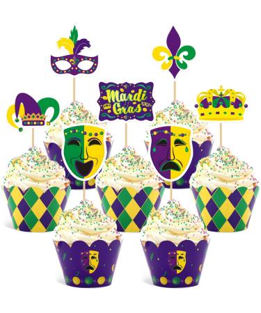 Mardi Gras Cupcake Toppers and Wrappers for Mardi Gras Party Decorations Masquerade Party Supplies