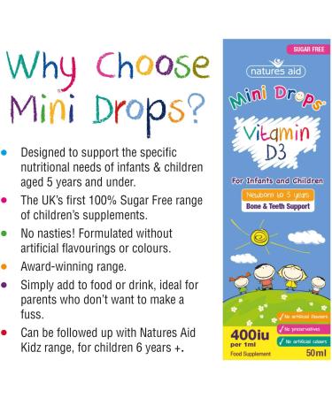 Natures Aid Vitamin D3 Mini Drops for Infants and Children Sugar Free 50ml (Pack of 2) 50 ml (Pack of 2) Vitamin D3 Liquid Drops 50ml - Buy Online on GoSupps.com