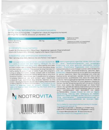 Vitamin B6 High Dose 100mg - 240 Vegan Capsules | Pure Pyridoxine | Gluten-Free | No Fillers | Made in ISO-Certified Facility | Nootrovita - Buy Online on GoSupps.com