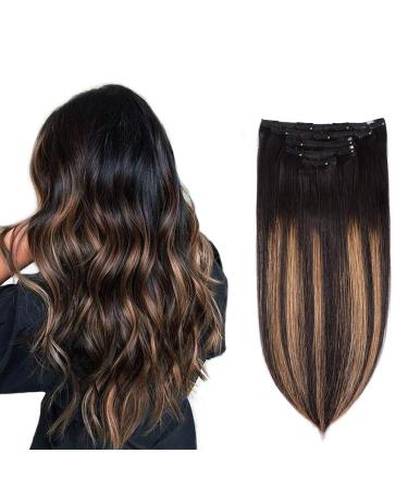 5 Pieces 14 Remy Clip in Hair Extensions Human Hair Natural Black to Chestnut Brown Highlight Black Ombre - Silky Straight Short Thick Real Hair Extensions for Women (14 inches  (1BT6) P1B  70grams) 5PCS  14 Inch  70 G...