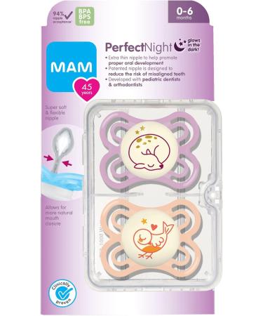 MAM Perfect Night Pacifiers (2 Pacifiers & Sterilizing Box) MAM Soother with a Silicone Nipple Glow in the Dark Pacifiers Baby Essentials Girl 0-6 Months - Buy Online on GoSupps.com