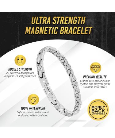 Magnetrx Ultrastarkes Magnet Hardship Bracelet for Women | Double Magnet Stainless Steel & Crystal Adjustable Bracelet with Size Tool - Silver - Buy Online on GoSupps.com