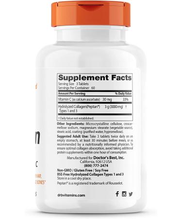 Doctor's Best Collagen Types 1 & 3 with Vitamin C â€“ 1000mg, 180 Tablets | Supports Skin, Hair & Joint Health - Buy Online on GoSupps.com