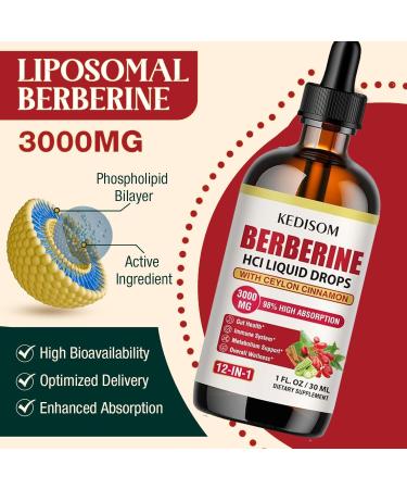 12-in-1 Berberine Supplement Liquid Drops 2 Fl Oz, 3000mg Liposomal Berberine HCL Complex with Ceylon Cinnamon Plus Turmeric, High Absorption Berberine Drops 2 Fl Oz (Pack of 1) - Buy Online on GoSupps.com