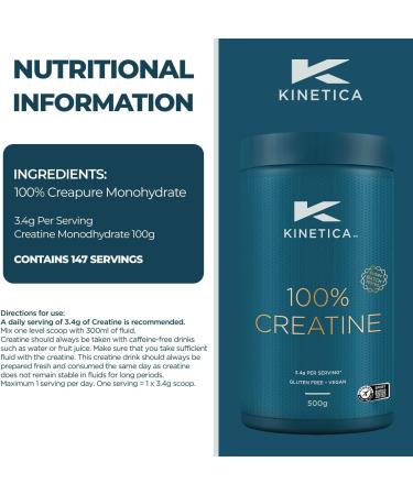 Kinetica Premium Creatine Monohydrate Powder 500g - 147 Servings, Unflavoured | Vegan & Gluten-Free Muscle Repair Supplement - Buy Online on GoSupps.com