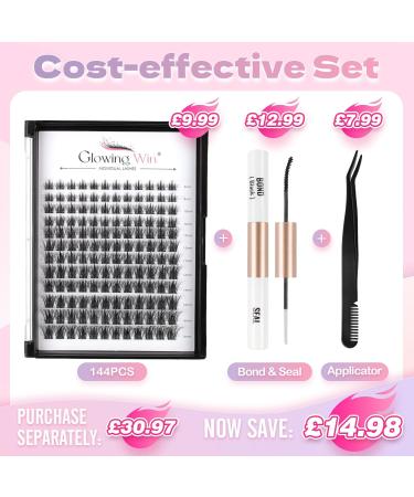 Glowing Win 144 PCS Eyelash Extensions Set - DIY Cluster Lashes with Bond & Seal Tweezers - 8-16mm Natural False Eyelashes - Buy Online on GoSupps.com