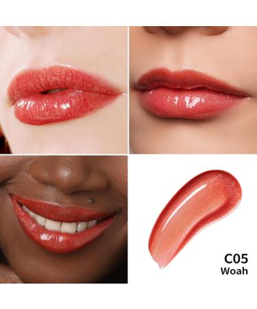 Oulac Lip Gloss Shiny - 3D Liquid Lipstick with Moisture & Rose Damascena Extract | Coral Pink (C05) for Dry Lips - 4.5ml - Buy Online on GoSupps.com