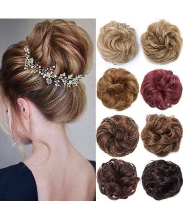 Real Fashion Hair Bun Extensions Messy Curly Hair Scrunchies Hairpieces Donut Updo Chignon Hair Piece for Women Girls Light Auburn to 26# Blonde
