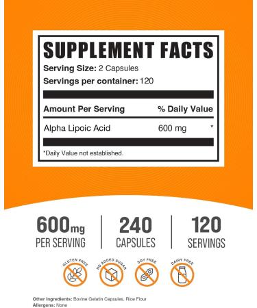 BulkSupplements Alpha Lipoic Acid Capsules - 600mg ALA Supplement Gluten Free 240 Count - Boost Antioxidants & Energy - Buy Online on GoSupps.com